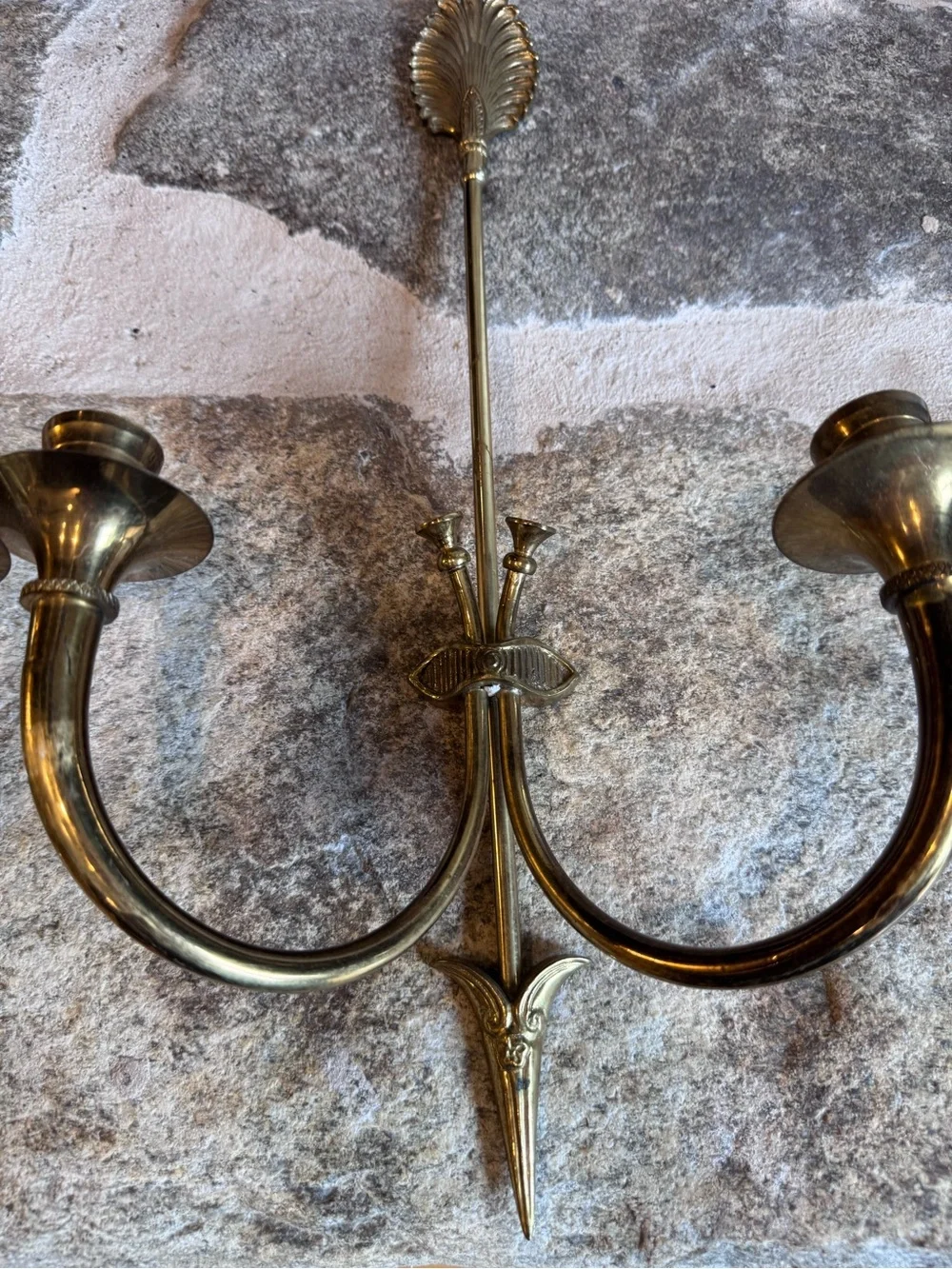 Pair Vintage Brass Wall Candle Holder Sconces Double Arm Hollywood Regency